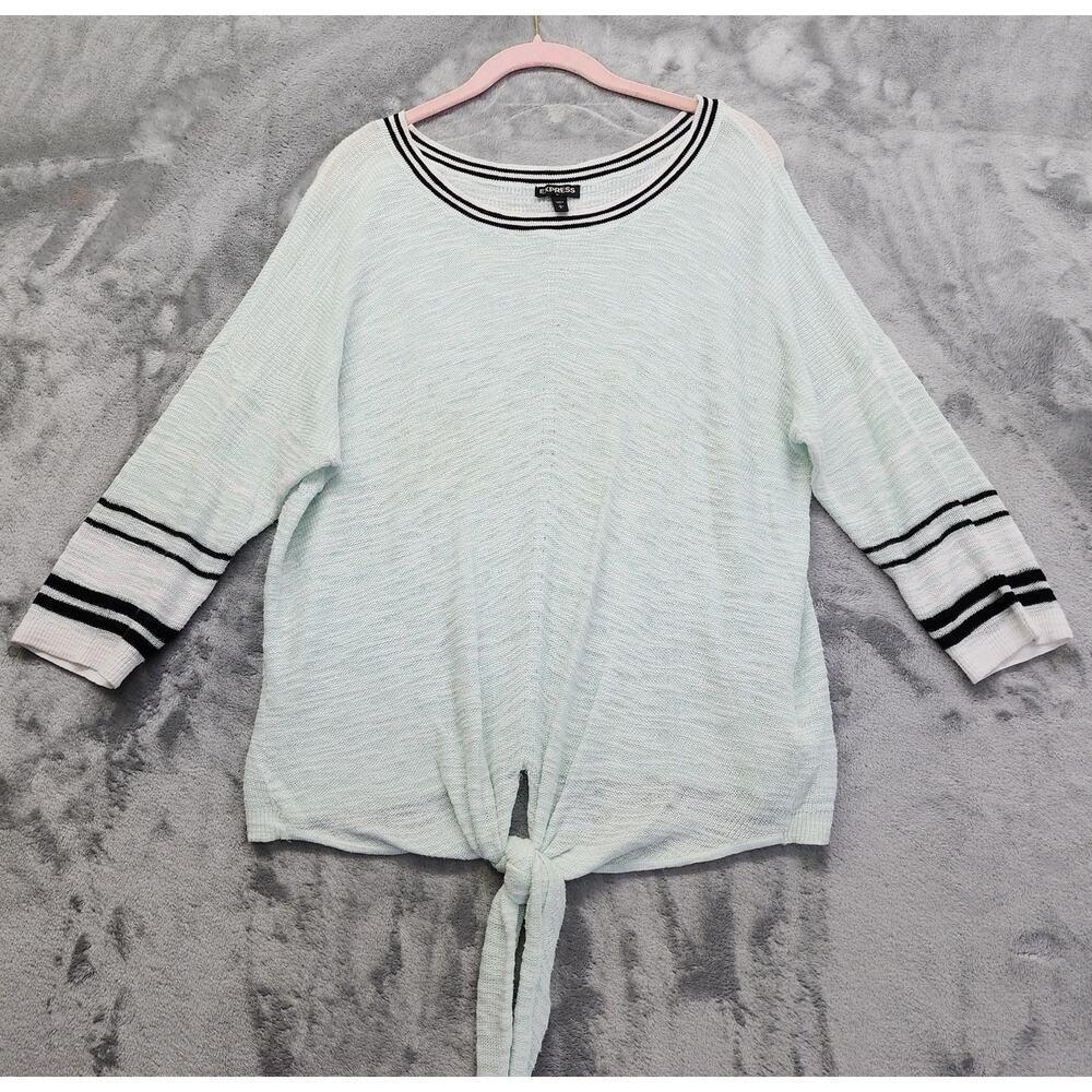 Express Women's Size L Sweater‎ Top Green Black Tie Front Striped Lightweight